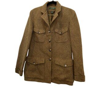 Ralph Lauren brown tan wool tweed safari style blazer jacket 8